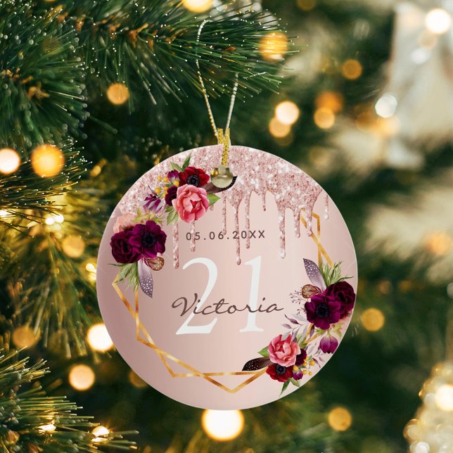 Birthday Rose gold burgundy Blume Tropfen Keramik Ornament (Von Creator hochgeladen)