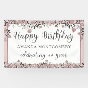 Birthday Rose Gold Floral Chic Script Banner