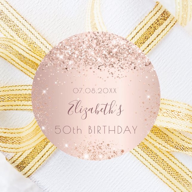 Birthday rose gold glitter dust monogram name runder aufkleber (Von Creator hochgeladen)
