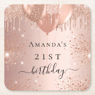 Birthday Rose Gold Glitzer Ballons Glattleder Rechteckiger Pappuntersetzer