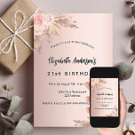 Birthday Rose Gold Pampas Gras Blumenboho Einladung<br><div class="desc">Für eine moderne boho Stil 21. (oder jedes Alter) Geburtstagsfeier. Eine Rose goldener Hintergrund. Die Einrichtung ist mit Rose-Gold und rosa Blumen,  Rose und Pampas-Gras dekoriert. Personalisieren und fügen Sie einen Namen und Party-Details hinzu.</div>