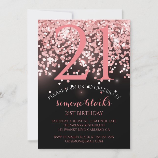 Birthday Rose Gold Rosa Glitzer Glam 21. Einladung (Vorderseite)