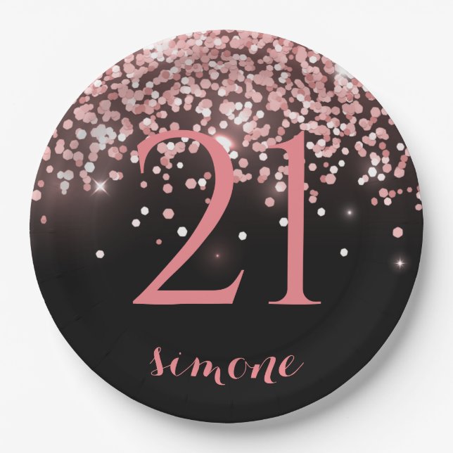 Birthday Rose Gold Rosa Glitzer Glam 21. Pappteller (Vorderseite)