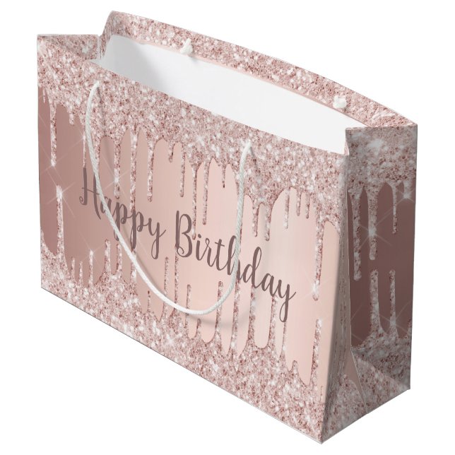 Birthday Rose Gold Rose Glitzer Tropfen Große Geschenktüte (Rückseite Schrägansicht)