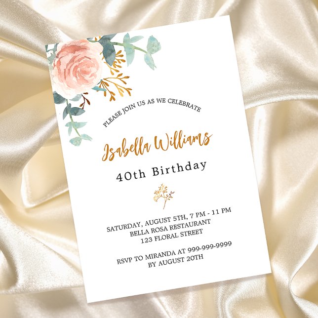 Birthday Rose Goldblume Eukalyptusgrün Einladungspostkarte (Von Creator hochgeladen)