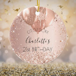 Birthday Rose Goldblush Glitzer Namensballons Keramik Ornament<br><div class="desc">Ein Ornament für einen gmädchenhaften und glamourösen 21. Geburtstag (oder jedes Alter). Eine Rose Gold,  rosa Farbverlauf Hintergrund mit Imitaten Rose Gold Glitzer,  Glitzern und Ballons. Personalisieren und fügen Sie ein Datum,  einen Namen und ein Alter.</div>