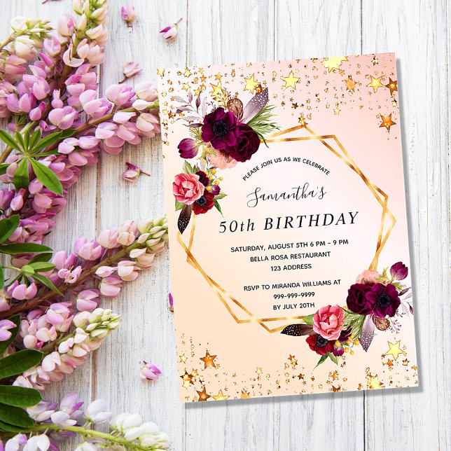 Birthday Rose Goldfloralen Bordeaux Einladung Postkarte (Von Creator hochgeladen)