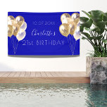 Birthday royal blue gold balloons party banner<br><div class="desc">For a girly and glamorous 21st (or any age) birthday party.  A royal blue background. Decorated with golden balloons.  Personalize and add a name,  date and age 21.  White letters. The name is written with a modern hand lettered style script.</div>