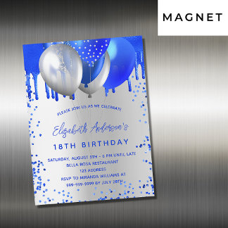 Birthday Royal Blue Silber Ballons Luxus Magneteinladung