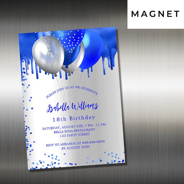 Birthday Royal Blue Silber Ballons Luxus Magneteinladung (Von Creator hochgeladen)