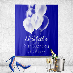 Birthday Royal Blue White Ballons Name Wandteppich