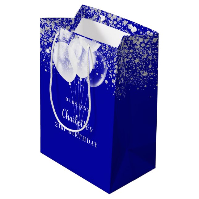 Birthday Royal Blue White Glitzer Ballons Name Mittlere Geschenktüte (Rückseite Schrägansicht)