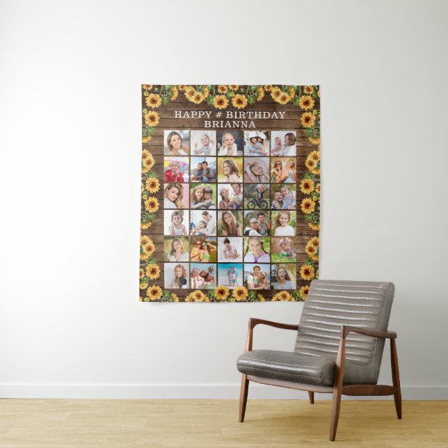 Birthday Rustic Sonnenblume Holz 30 Foto Collage Wandteppich (Beispiel)