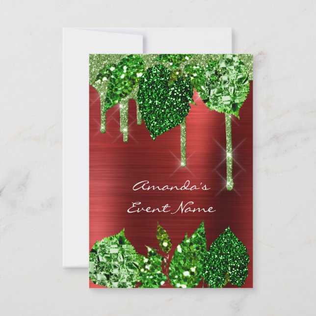 Birthday Rustic Woodland Rote Grüne Tropfen Blätte Einladung (Rückseite)