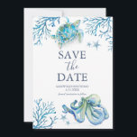 Birthday Save The Date Cards Under the Sea<br><div class="desc">These birthday save the date cards feature a boarder of a blue ocean creatures. The words "Save the Date" are typeset in navy blue over a crisp white background. Use the template fields to add you custom details. The card reverses to a matching color. A charming choice for under the...</div>