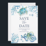 Birthday Save The Date Cards Under the Sea<br><div class="desc">These birthday save the date cards feature a boarder of a blue ocean creatures. The words "Save the Date" are typeset in navy blue over a crisp white background. Use the template fields to add you custom details. The card reverses to a matching color. A charming choice for under the...</div>