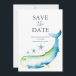 Birthday Save The Date Cards Whale<br><div class="desc">These birthday save the date cards feature a bottom boarder of a blue whale and starfish. The words "Save the Date" are typeset in navy blue over a crisp white background. Use the template fields to add you custom details. The card reverses to a matching color. A charming choice for...</div>