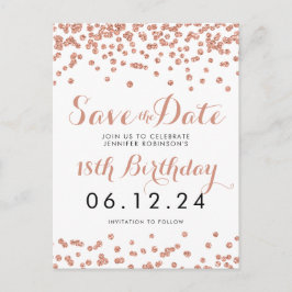 Birthday Save the Date Rose Gold Glitzer Confetti Ankündigungspostkarte