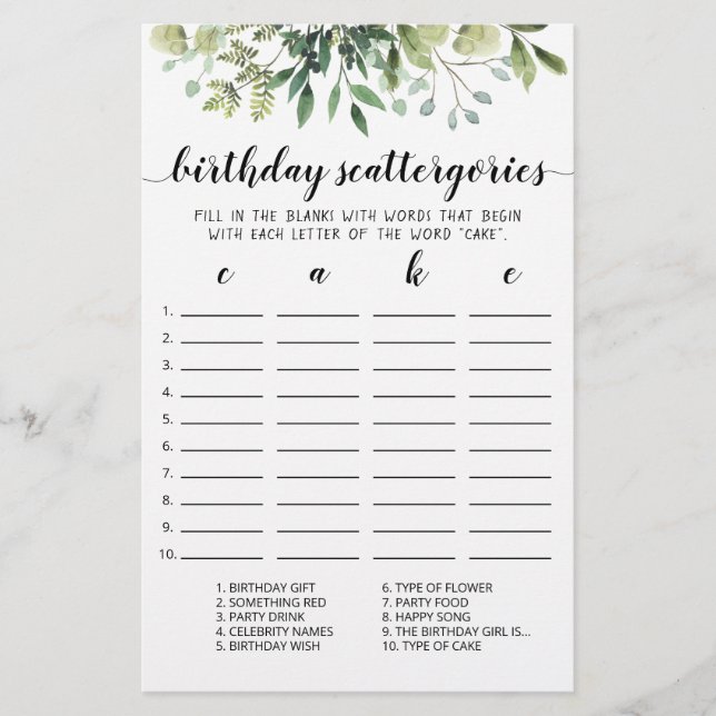 Birthday Scattergories-Spiel (Vorderseite)