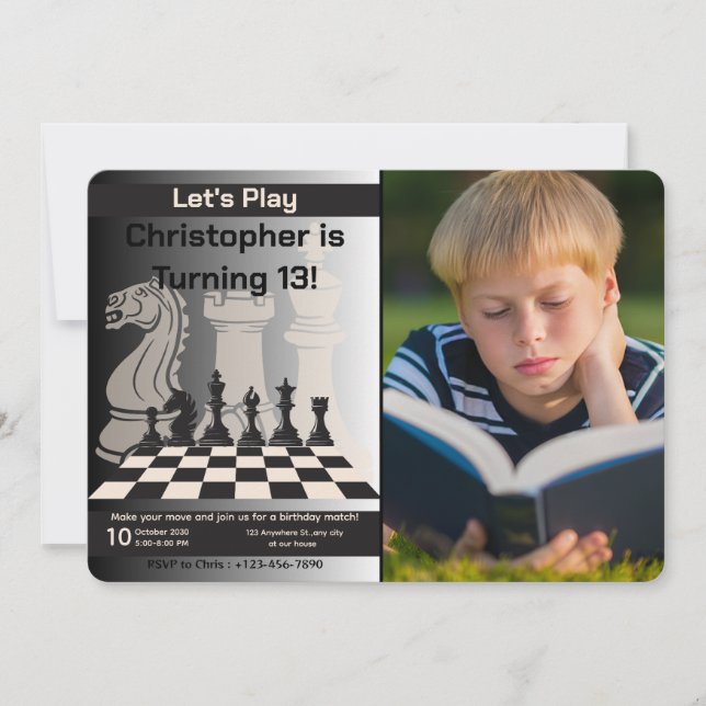 Birthday Schach Einladung Spiel Thema mit Foto (Vorderseite)