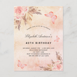 Birthday Schmetterling Pampas Gras Blush Boho Einladungspostkarte