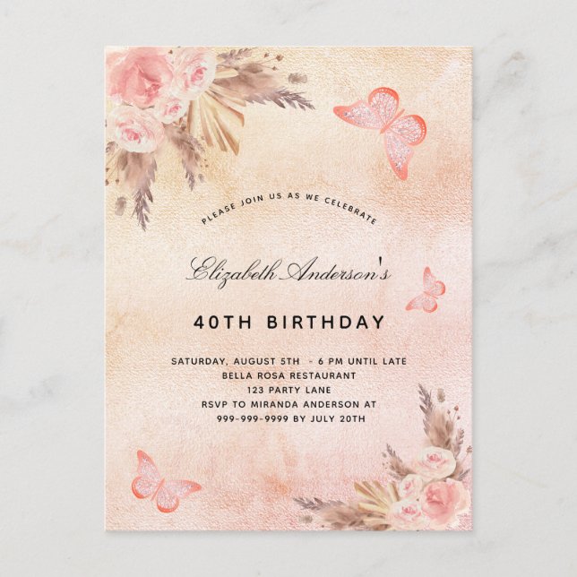 Birthday Schmetterling Pampas Gras Blush Boho Einladungspostkarte (Vorderseite)