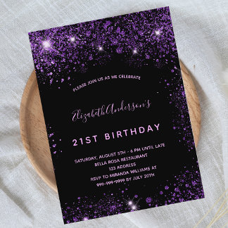 Birthday Schwarz lila Glitzer Staub glamourös Einladungspostkarte