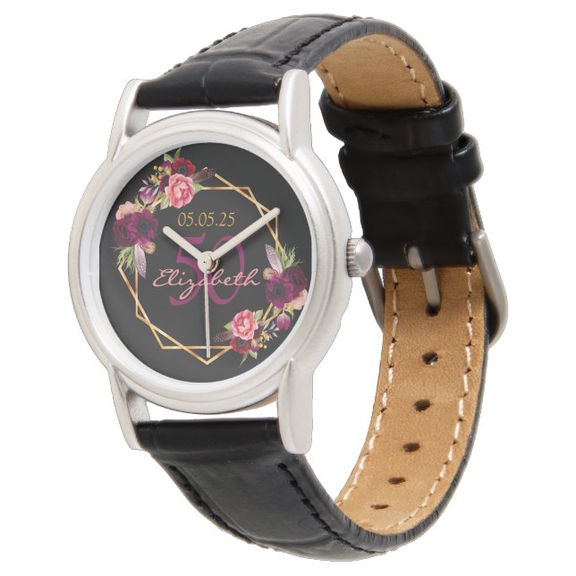 Birthday schwarze Florals geometrische bordeauxrot Armbanduhr (Schrägansicht)