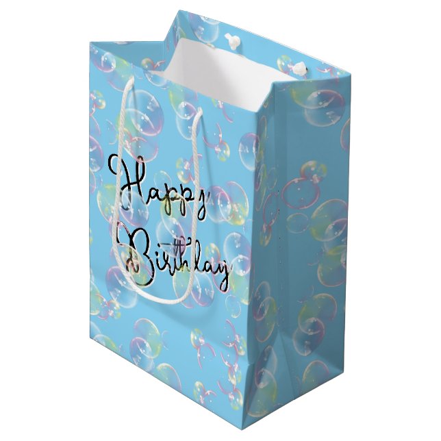 Birthday Seifenblasen auf hellblau Mittlere Geschenktüte (Vorderseite Schrägansicht)