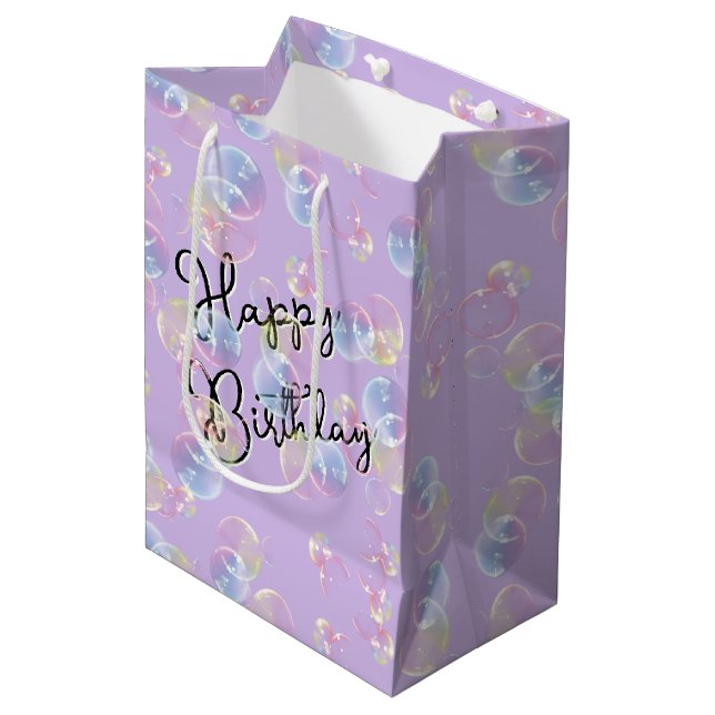 Birthday Seifenblasen auf Lila Mittlere Geschenktüte (Vorderseite Schrägansicht)