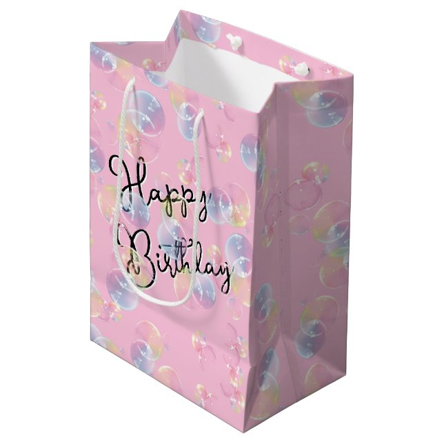 Birthday Seifenblasen auf rosa Mittlere Geschenktüte (Vorderseite Schrägansicht)