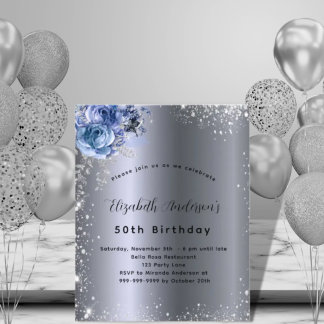 Birthday silber blauen Floren Haushaltseinladung Flyer