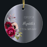 Birthday silber floralbordeauxrot Name Keramik Ornament<br><div class="desc">Ein Ornament für einen 50. Geburtstag (oder jedes Alter). Ein dunkles Imitat glänzt silberfarben metallisch. Die Blume sind lila und bordeauxrot und die Rose rosa. Vorlagen für einen Namen, Datum und Alter 50. Der Name ist mit einem weißen, modernen, handgeschriebenen Stil geschrieben. Perfekt wie Winterdekoration, Gaumenfreuden, Sake oder ein Geschenk...</div>