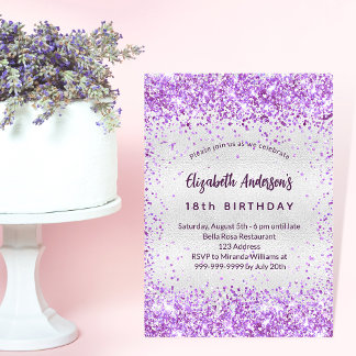 Birthday silber lila violett Glitzer glamourös Einladungspostkarte