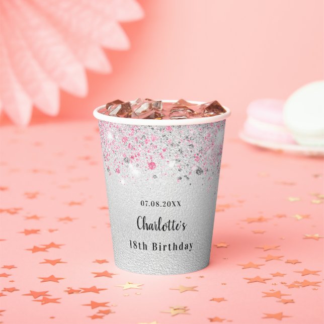 Birthday silber pink Glitzer Name Party Pappbecher (Insitu)