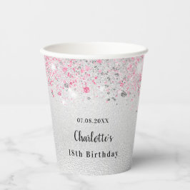 Birthday silber pink Glitzer Name Party Pappbecher