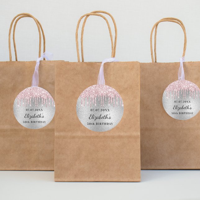 Birthday silber pink Glitzer Tropfen Name Runder Aufkleber (Von Creator hochgeladen)