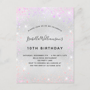 Birthday silber pink lila Glitzer Staubmaus Einladungspostkarte