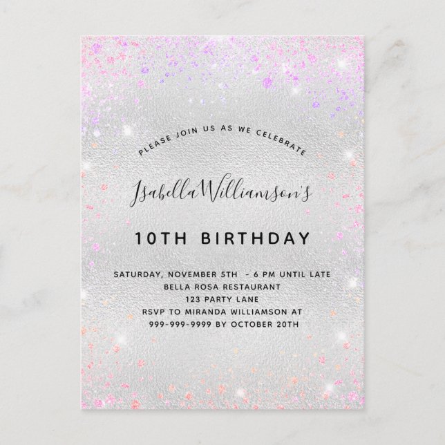 Birthday silber pink lila Glitzer Staubmaus Einladungspostkarte (Vorderseite)