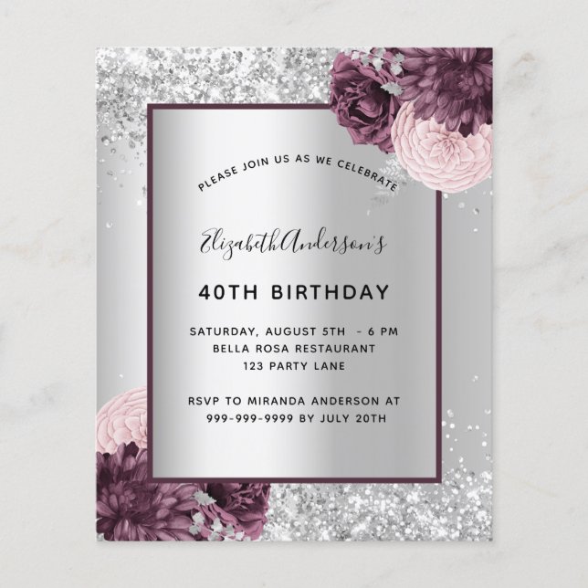 Birthday silberne bordeauxrot Blütenbudget Einladu Flyer (Vorne)