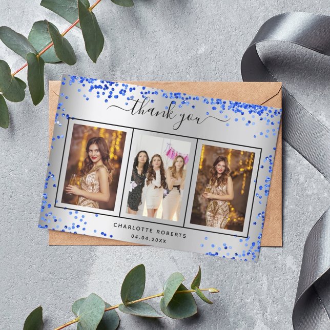 Birthday silberne königsblaue Glitzern Foto Dankeskarte (Von Creator hochgeladen)