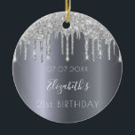 Birthday silver glitter sparkle glam from friends keramik ornament<br><div class="desc">An ornament for a girly and glamorous 21st birthday as a gift from her friends or parents. A faux silver metallic looking background with faux glitter drips, paint dripping look. On front: Personalize and add a date, a name and age. The name is written in white with a modern hand...</div>