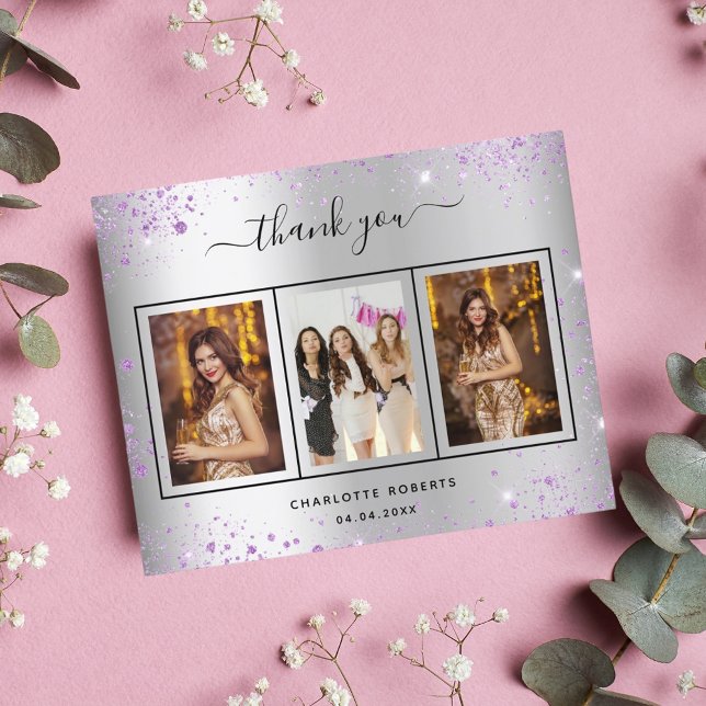 Birthday silver purple photo thank you card (Von Creator hochgeladen)