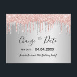 Birthday silver rose gold glitter change the date postkarte<br><div class="desc">A girly and trendy Change the Date card for a 50th (or any age) birthday party. A faux silver metallic looking background decorated with faux rose gold and silver glitter drips. Personalize and add a date and name/age 50. Dark rose gold colored letters. The text: Change the Date is written...</div>