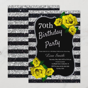 Birthday Silver Stripes Glitzer Gelbe Rosen Einladung