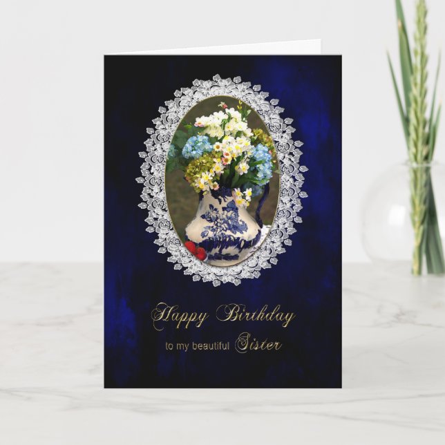 BIRTHDAY, SISTER, Antike Blue/White Vase, Flower Karte (Vorderseite)