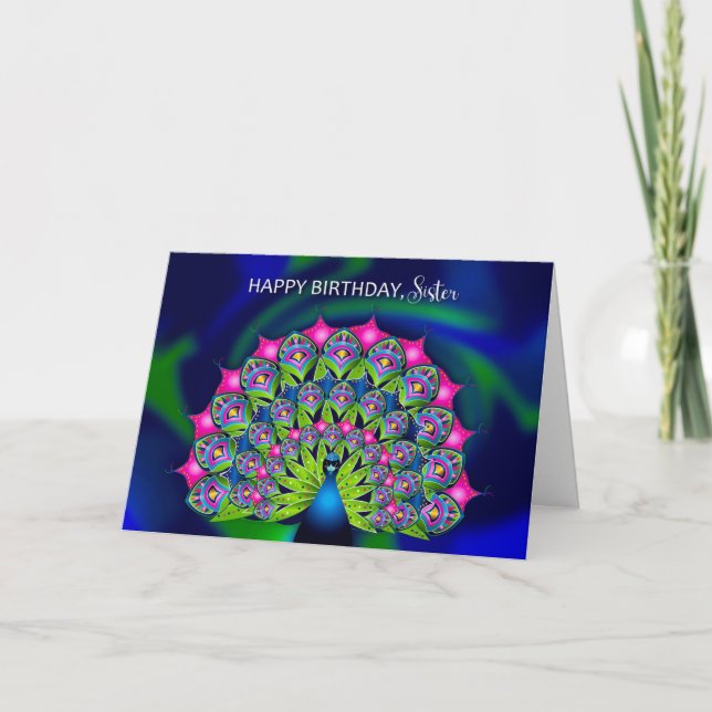 Birthday Sister Beautiful Colorful Peacock Card Karte (Vorderseite)