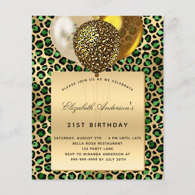 Birthday Smarald Green Leopard Gold Ballon Budget Flyer (Vorne)