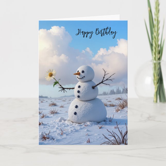 Birthday Snowman Holding a White Daisy Karte (Vorderseite)