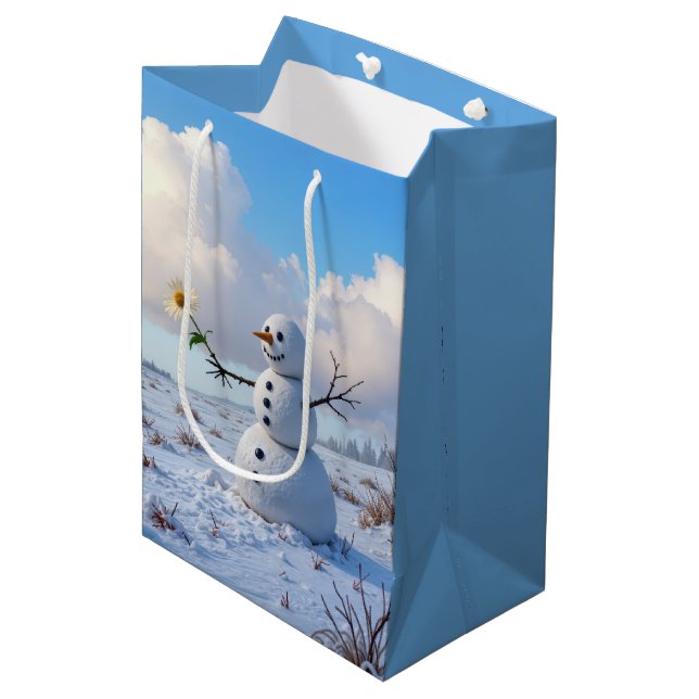 Birthday Snowman Holding a White Daisy Mittlere Geschenktüte (Vorderseite Schrägansicht)